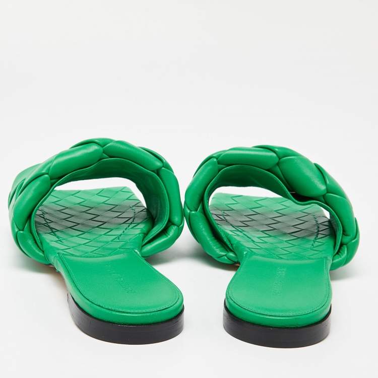 Pre Owned Bottega Veneta Green Intrecciato Leather Lido Slide Flats Size 42
