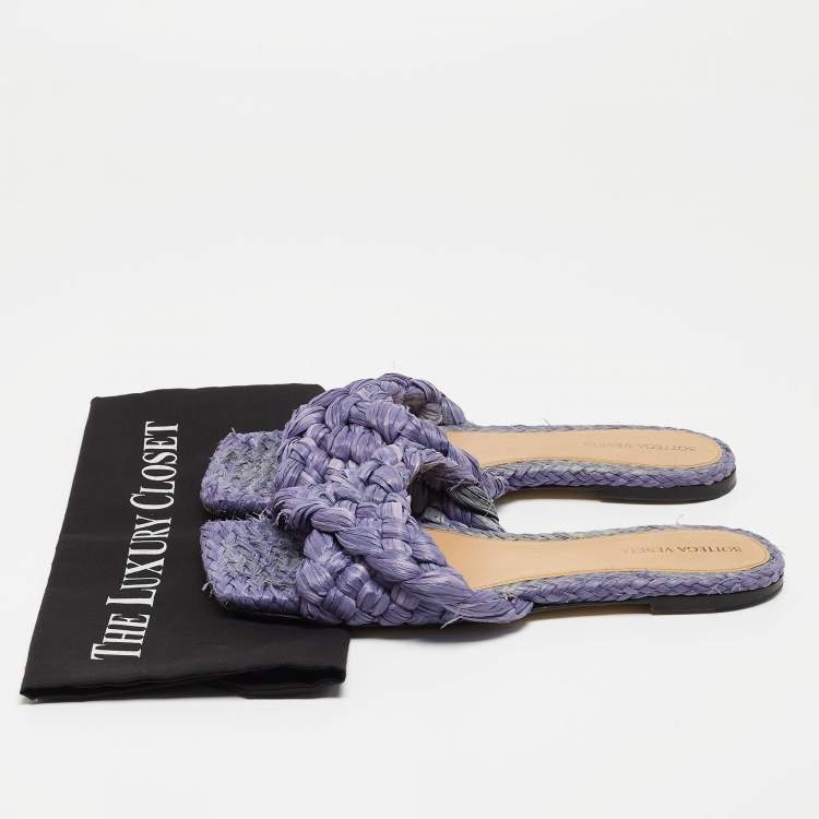 Pre Owned Bottega Veneta Lilac Woven Straw Lido Flat Slide Sandals Size 39