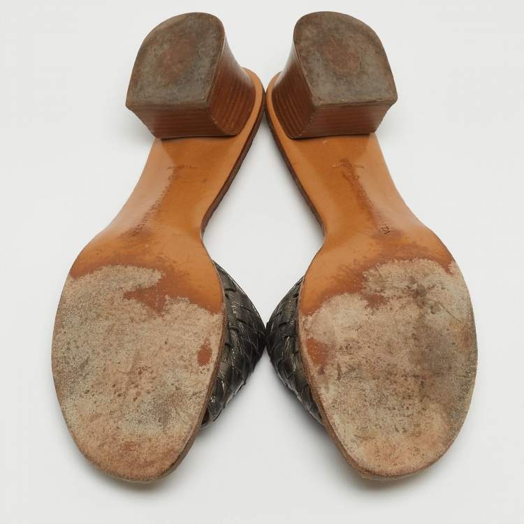 Pre Owned Bottega Veneta Metallic Green Intrecciato Leather Ravello Slides Size 40