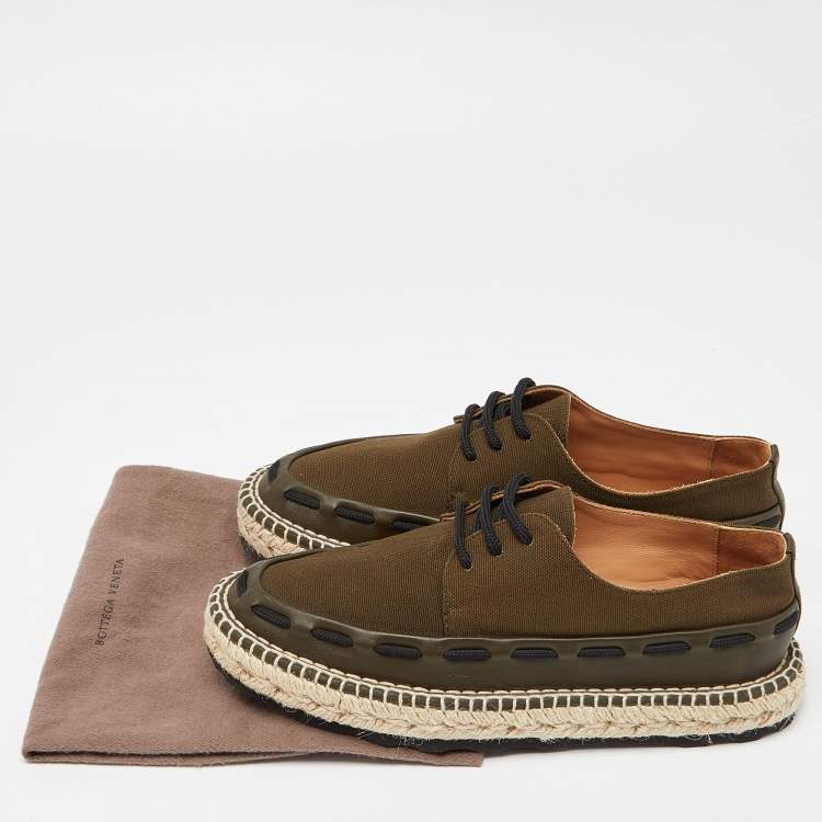 Pre Owned Bottega Veneta Green Canvas and Leather Trimmed Lace-Up Espadrilles Size 39