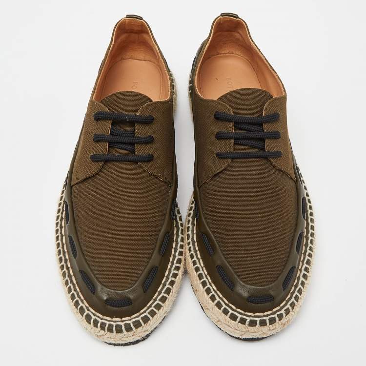 Pre Owned Bottega Veneta Green Canvas and Leather Trimmed Lace-Up Espadrilles Size 39