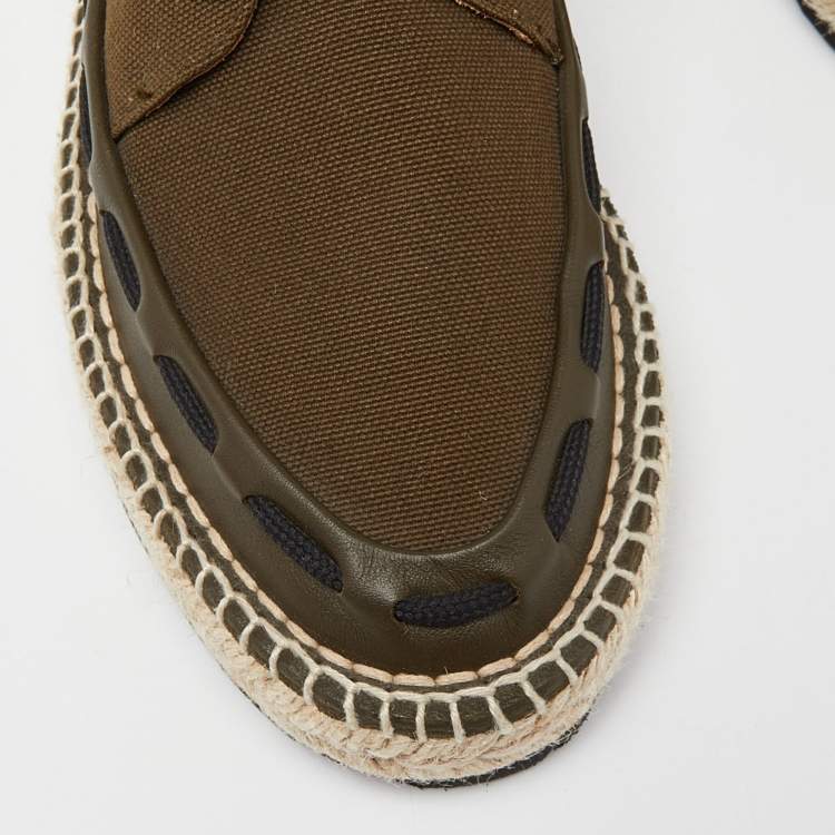 Pre Owned Bottega Veneta Green Canvas and Leather Trimmed Lace-Up Espadrilles Size 39