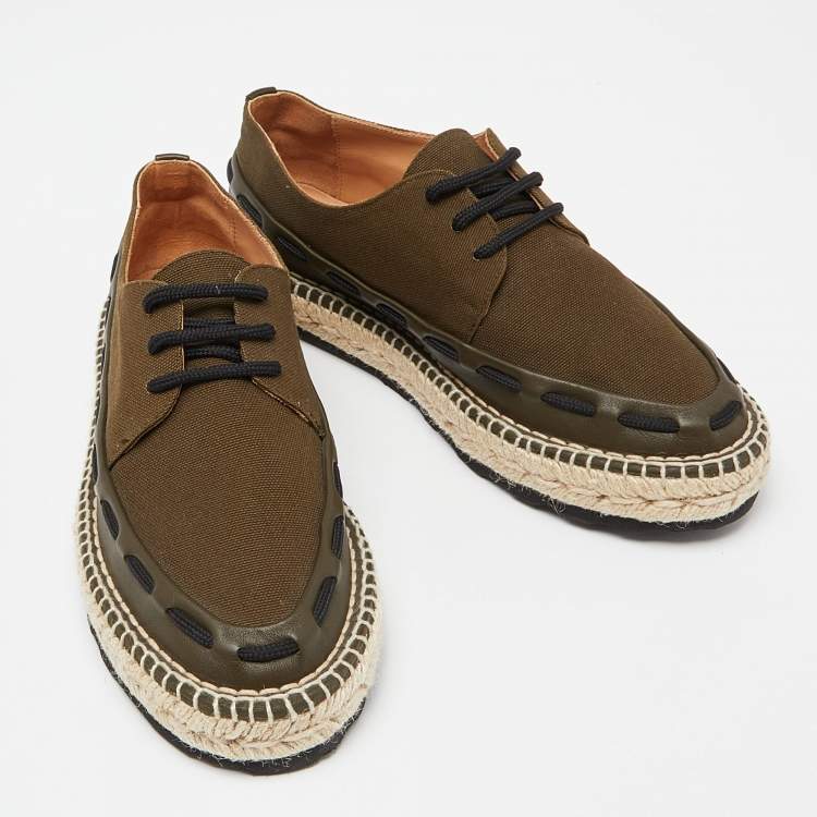 Pre Owned Bottega Veneta Green Canvas and Leather Trimmed Lace-Up Espadrilles Size 39