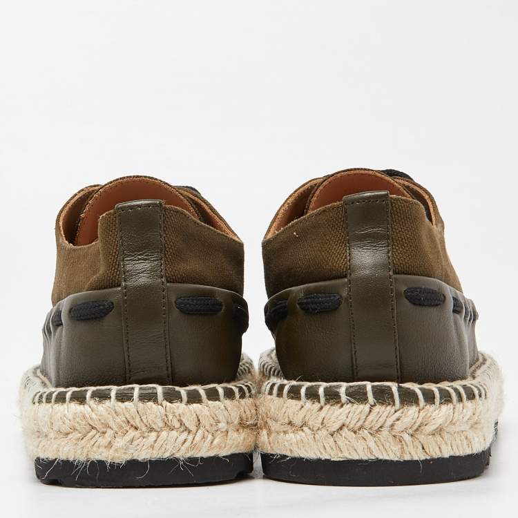 Pre Owned Bottega Veneta Green Canvas and Leather Trimmed Lace-Up Espadrilles Size 39