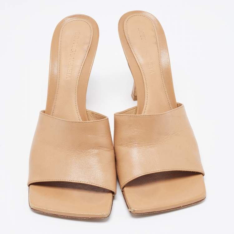 Pre Owned Bottega Veneta Brown Leather Stretch Slide Sandals Size 37.5