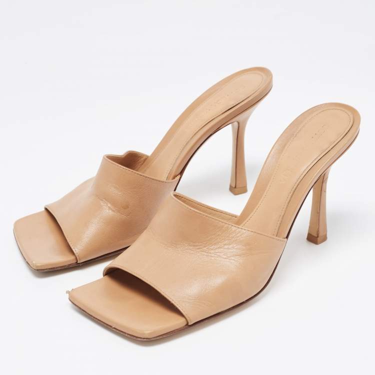 Pre Owned Bottega Veneta Brown Leather Stretch Slide Sandals Size 37.5