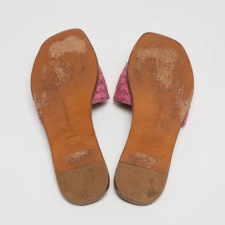 Pre Owned Bottega Veneta Pink Intrecciato Leather Flat Slides Size 40