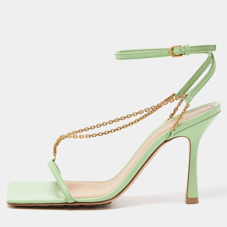 Pre Owned Bottega Veneta Green Leather Stretch Chain Sandals Size 37
