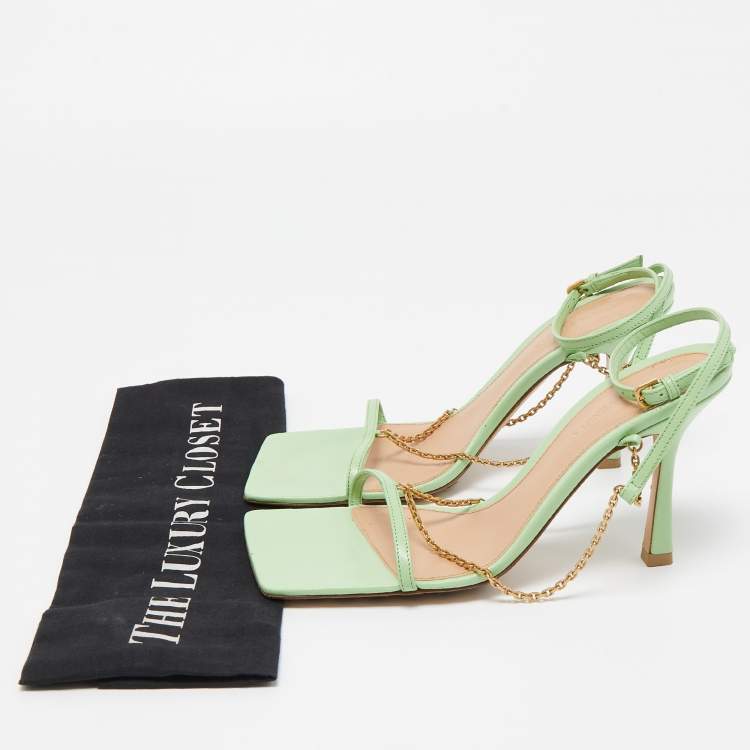 Pre Owned Bottega Veneta Green Leather Stretch Chain Sandals Size 37