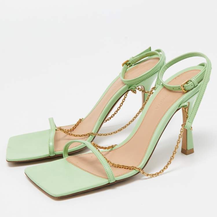 Pre Owned Bottega Veneta Green Leather Stretch Chain Sandals Size 37