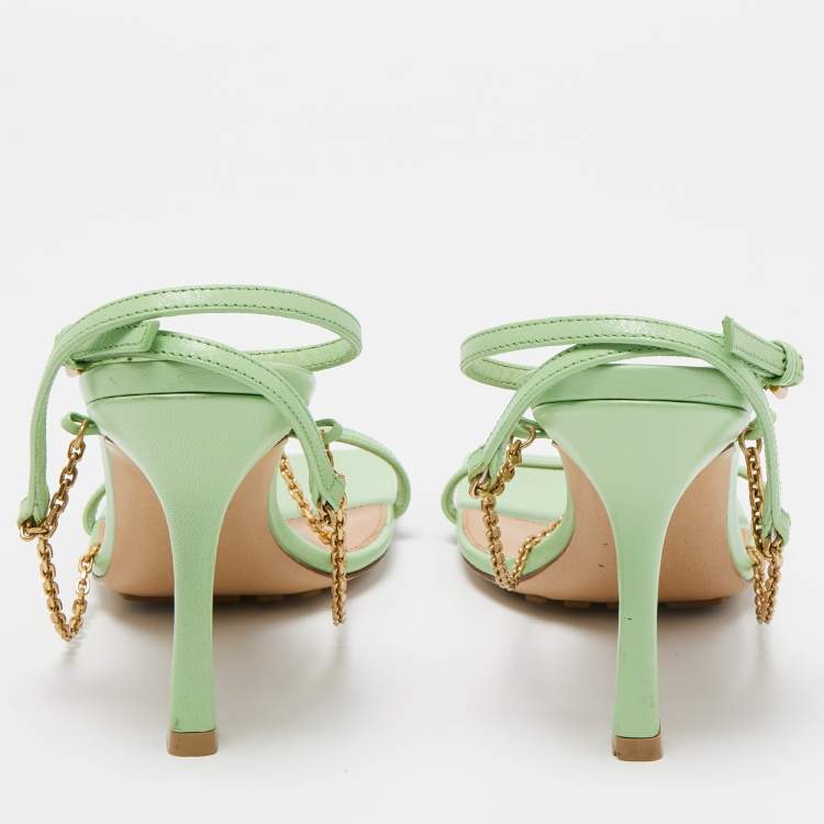 Pre Owned Bottega Veneta Green Leather Stretch Chain Sandals Size 37