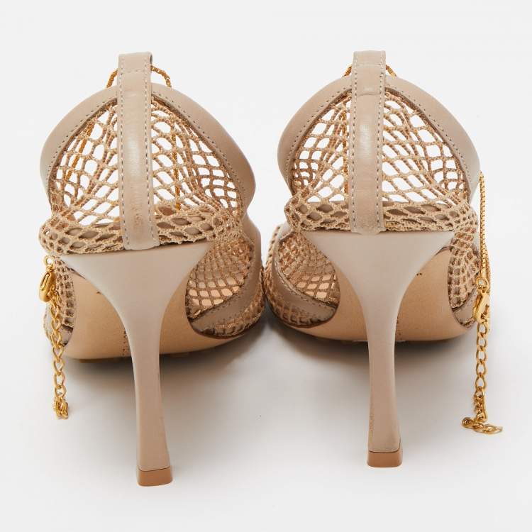 Pre Owned Bottega Veneta Beige Mesh and Leather Stretch Pumps Size 36.5