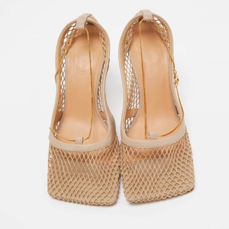 Pre Owned Bottega Veneta Beige Mesh and Leather Stretch Pumps Size 36.5