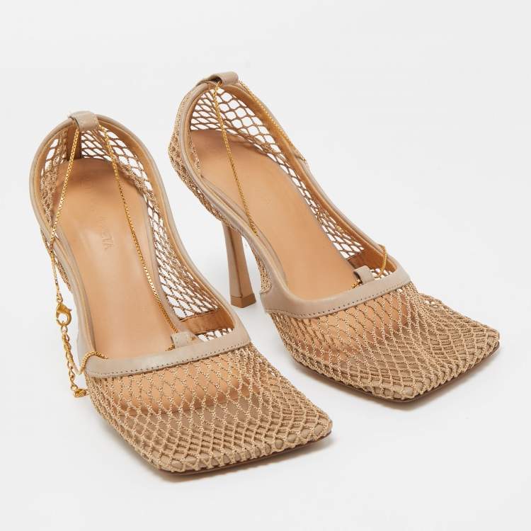 Pre Owned Bottega Veneta Beige Mesh and Leather Stretch Pumps Size 36.5