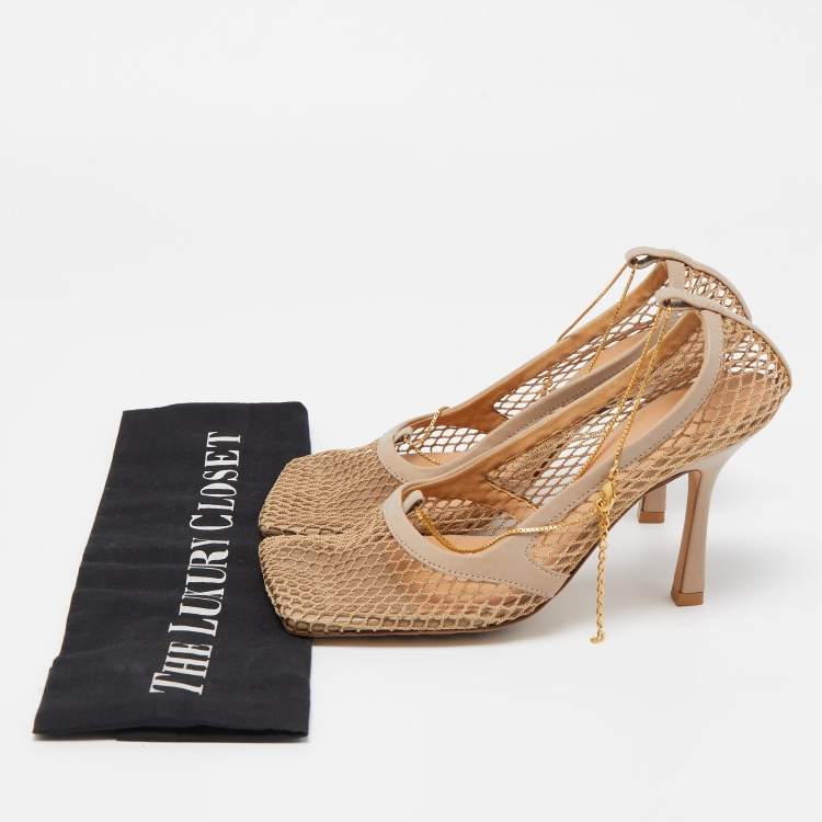 Pre Owned Bottega Veneta Beige Mesh and Leather Stretch Pumps Size 36.5