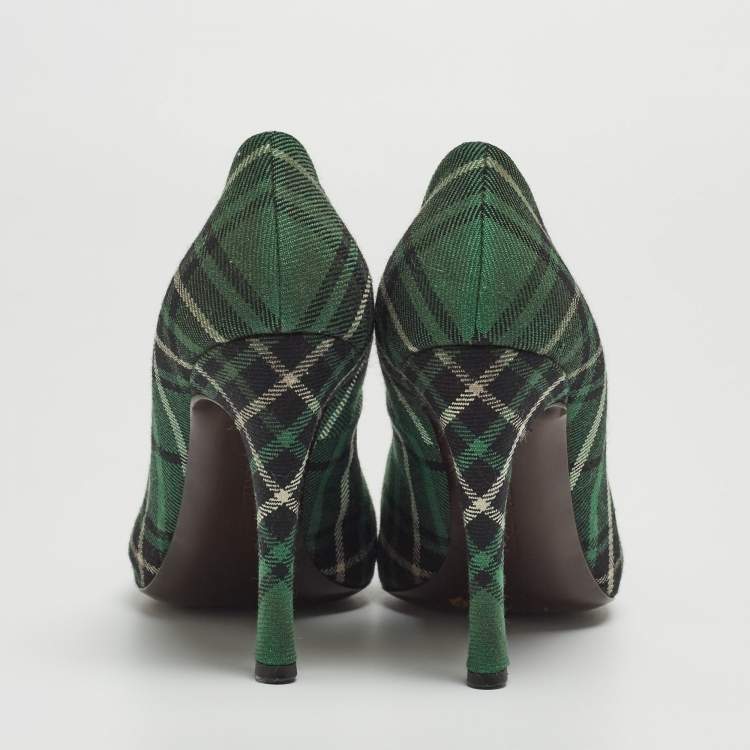 Pre Owned Bottega Veneta Green Plaid Canvas Pumps Size 38