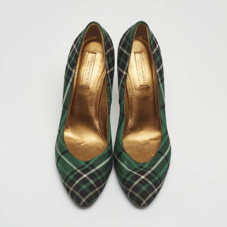 Pre Owned Bottega Veneta Green Plaid Canvas Pumps Size 38