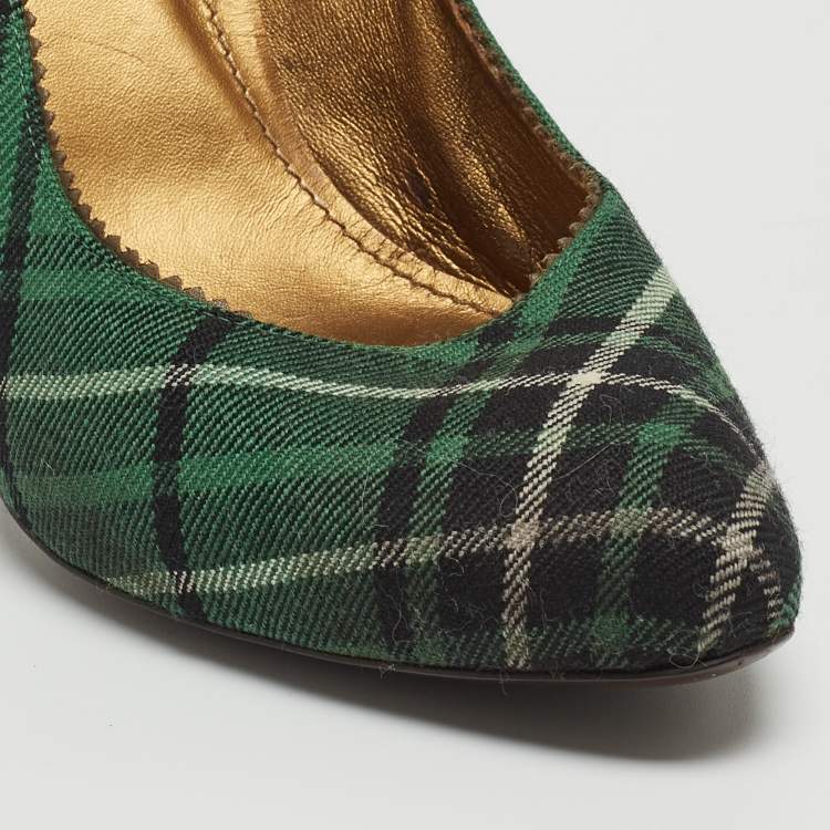 Pre Owned Bottega Veneta Green Plaid Canvas Pumps Size 38
