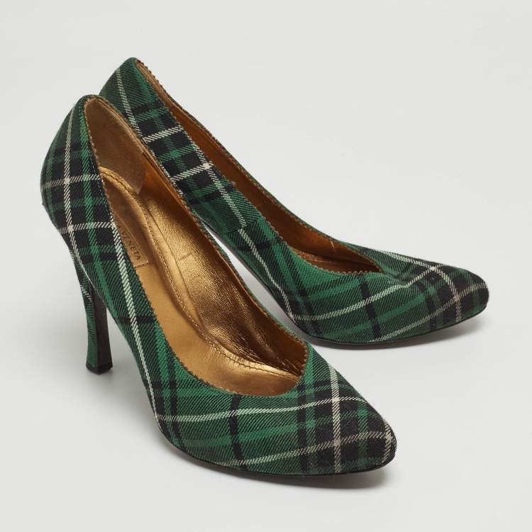 Pre Owned Bottega Veneta Green Plaid Canvas Pumps Size 38