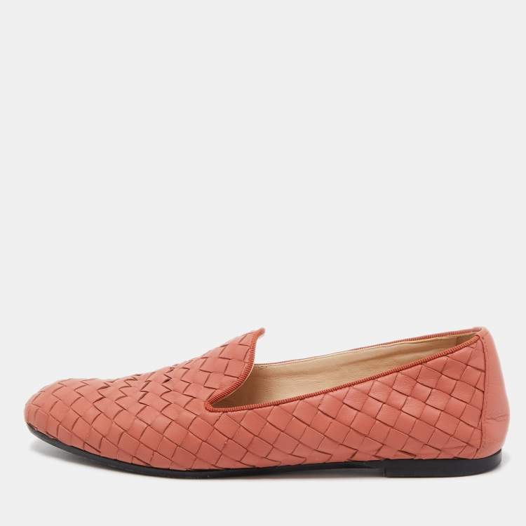 Pre Owned Bottega Veneta Pink Intrecciato Leather Smoking Slippers Size 36.5 