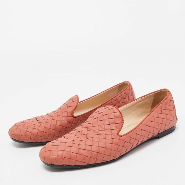Pre Owned Bottega Veneta Pink Intrecciato Leather Smoking Slippers Size 36.5 
