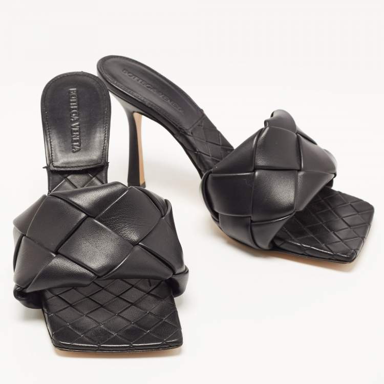 Pre Owned Bottega Veneta Black Intrecciato Leather Padded Slide Sandals Size 37.5