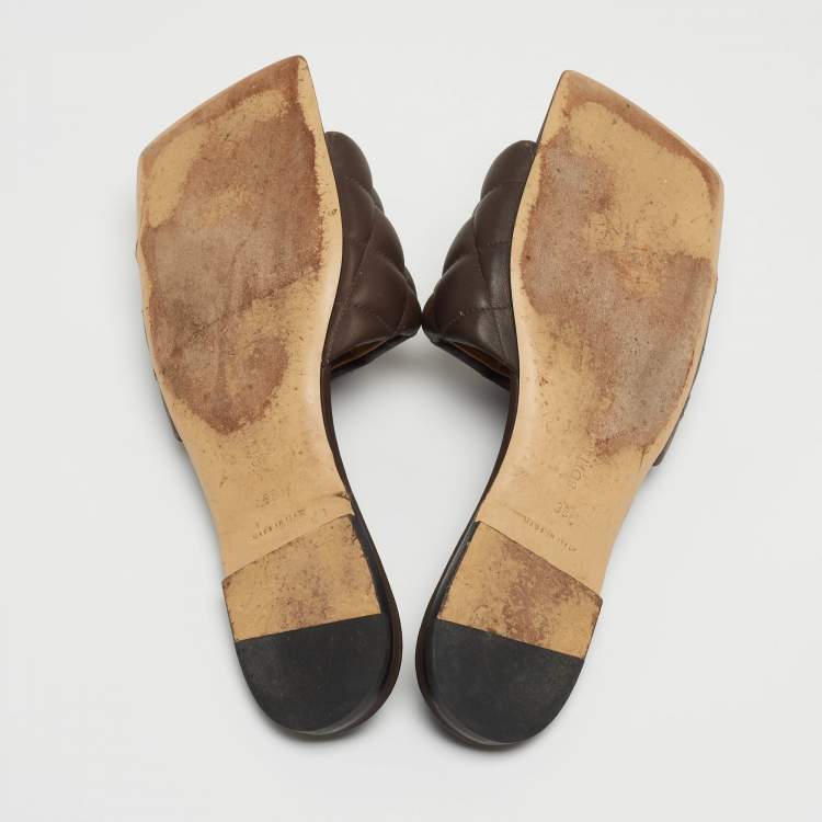 Pre Owned Bottega Veneta Brown Quilted Leather Lido Flat Slides Size 38