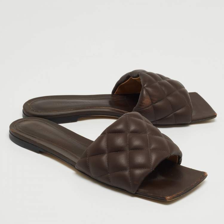 Pre Owned Bottega Veneta Brown Quilted Leather Lido Flat Slides Size 38