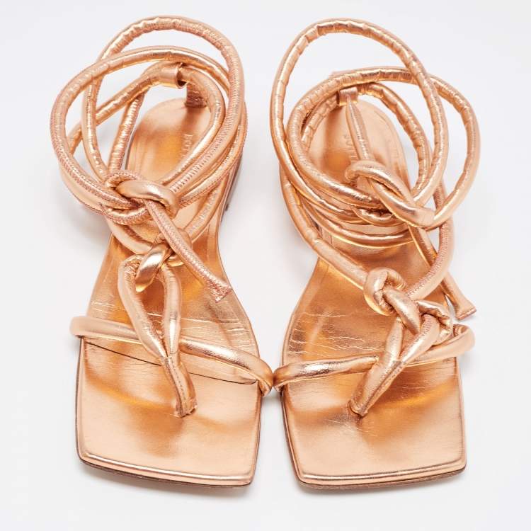 Pre Owned Bottega Veneta Metallic Leather Ankle Tie Flat Sandals Size 37