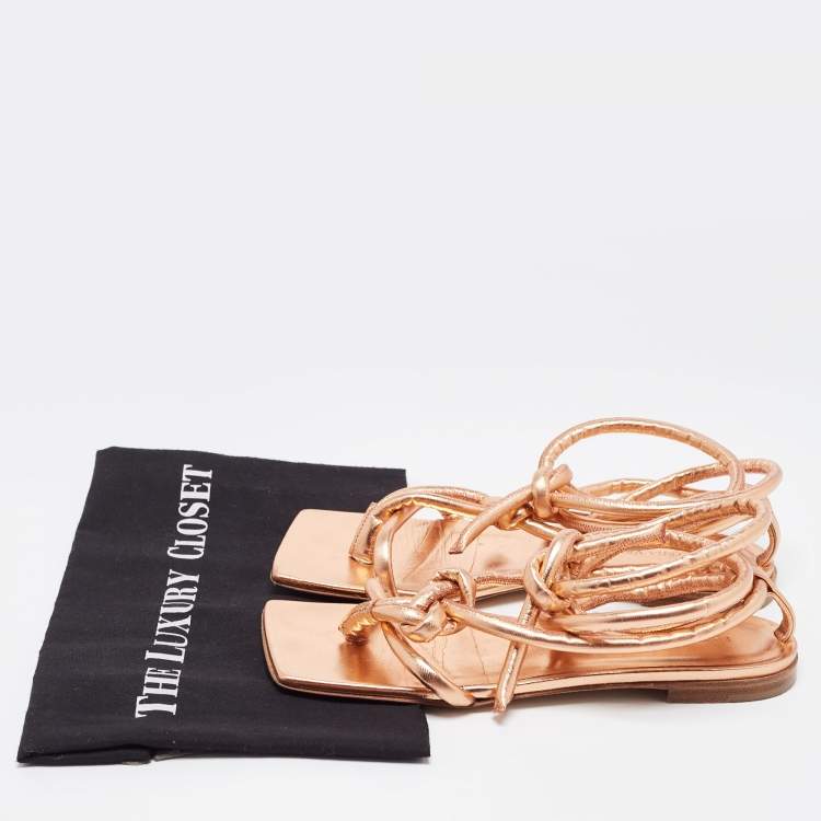 Pre Owned Bottega Veneta Metallic Leather Ankle Tie Flat Sandals Size 37