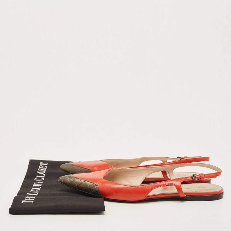 Pre Owned Bottega Veneta Orange/Metallic Leather Slingback Flats Size 40