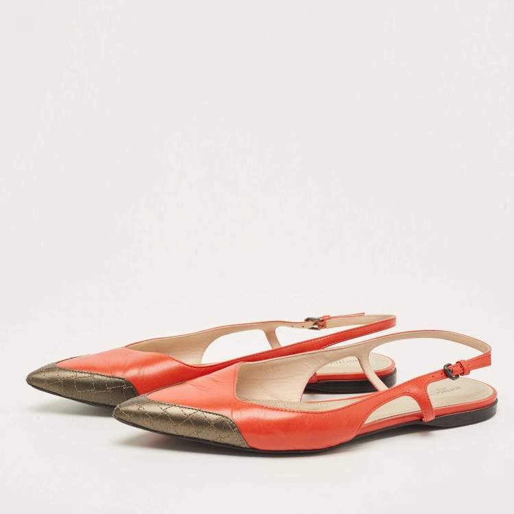 Pre Owned Bottega Veneta Orange/Metallic Leather Slingback Flats Size 40