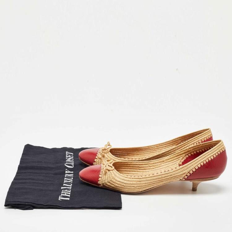 Pre Owned Bottega Veneta Red/Beige Leather and Raffia Kitten Heel Pumps Size 40