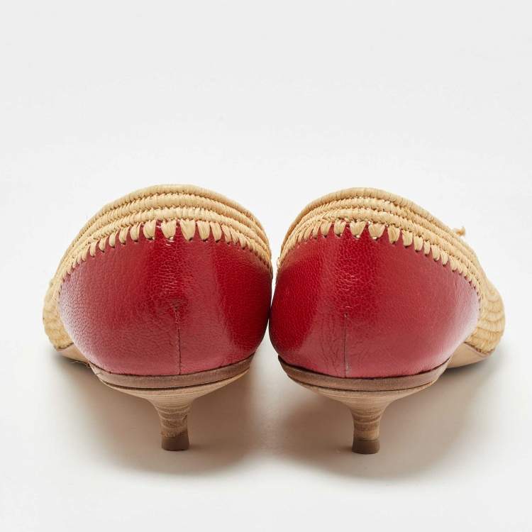 Pre Owned Bottega Veneta Red/Beige Leather and Raffia Kitten Heel Pumps Size 40