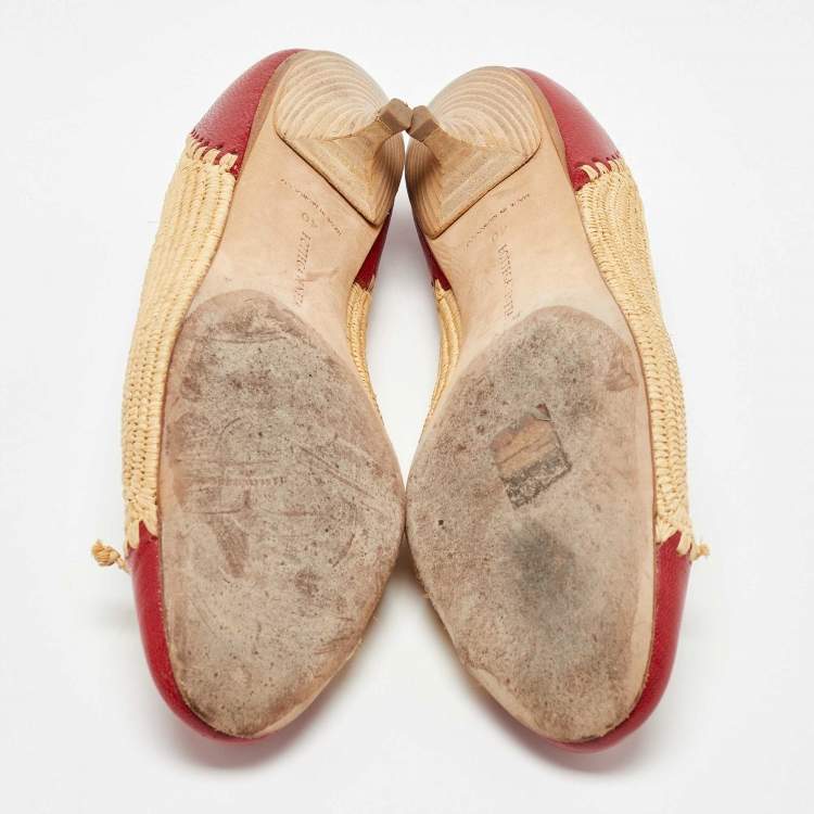 Pre Owned Bottega Veneta Red/Beige Leather and Raffia Kitten Heel Pumps Size 40