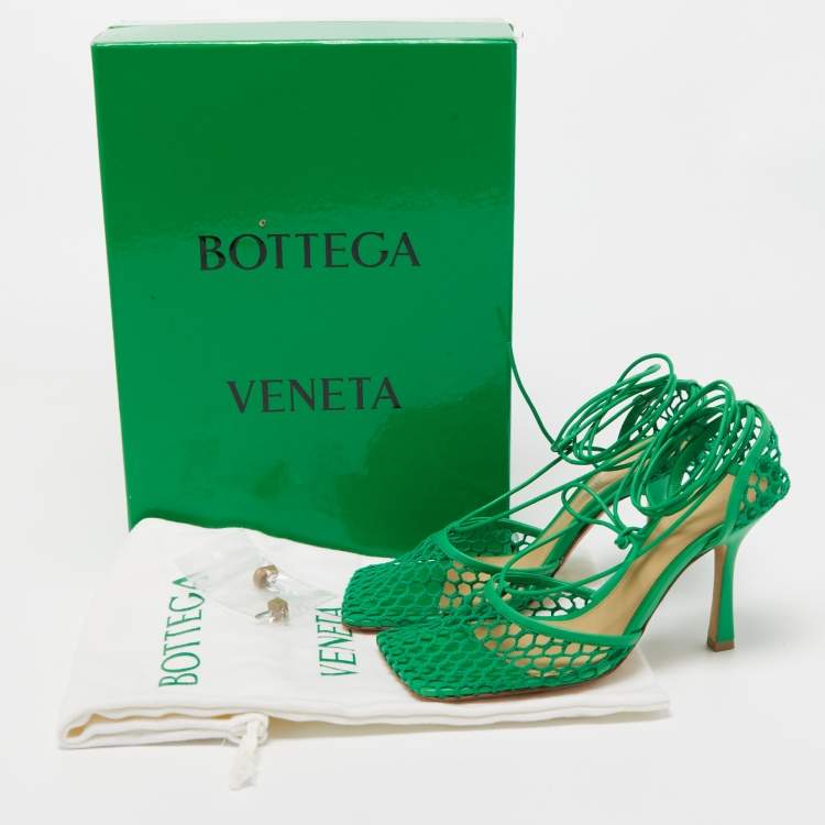 Pre Owned Bottega Veneta Green Mesh and Leather Stretch Ankle Wrap Pumps Size 37
