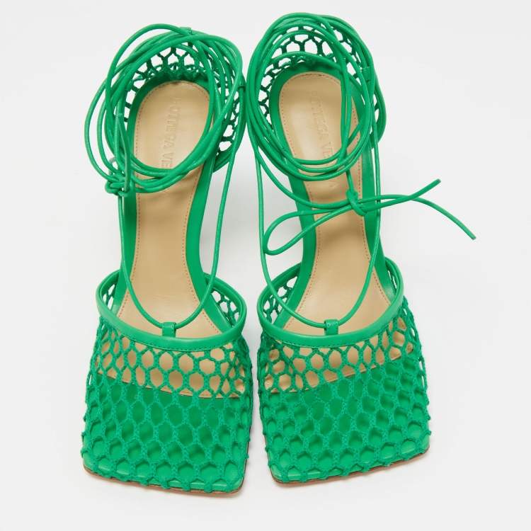 Pre Owned Bottega Veneta Green Mesh and Leather Stretch Ankle Wrap Pumps Size 37