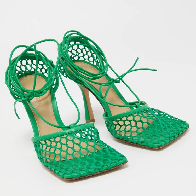 Pre Owned Bottega Veneta Green Mesh and Leather Stretch Ankle Wrap Pumps Size 37