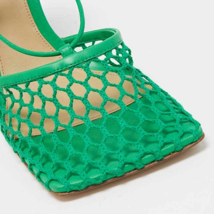 Pre Owned Bottega Veneta Green Mesh and Leather Stretch Ankle Wrap Pumps Size 37