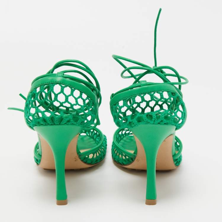 Pre Owned Bottega Veneta Green Mesh and Leather Stretch Ankle Wrap Pumps Size 37