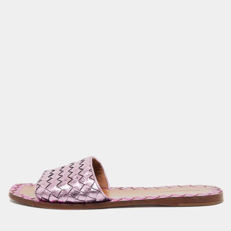 Pre Owned Bottega Vaneta Metallic Purple Intrecciato Foil Leather Ravello Flat Slides Size 38