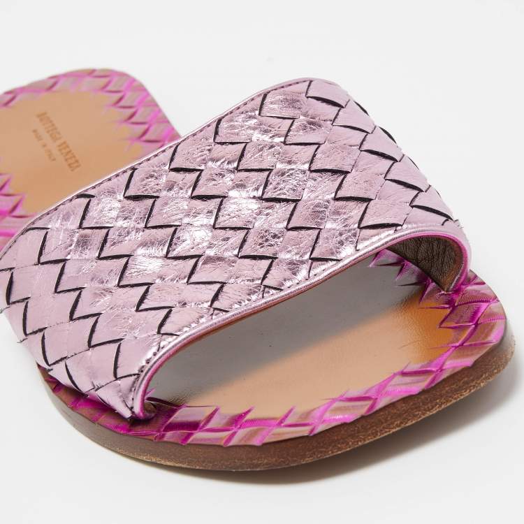Pre Owned Bottega Vaneta Metallic Purple Intrecciato Foil Leather Ravello Flat Slides Size 38