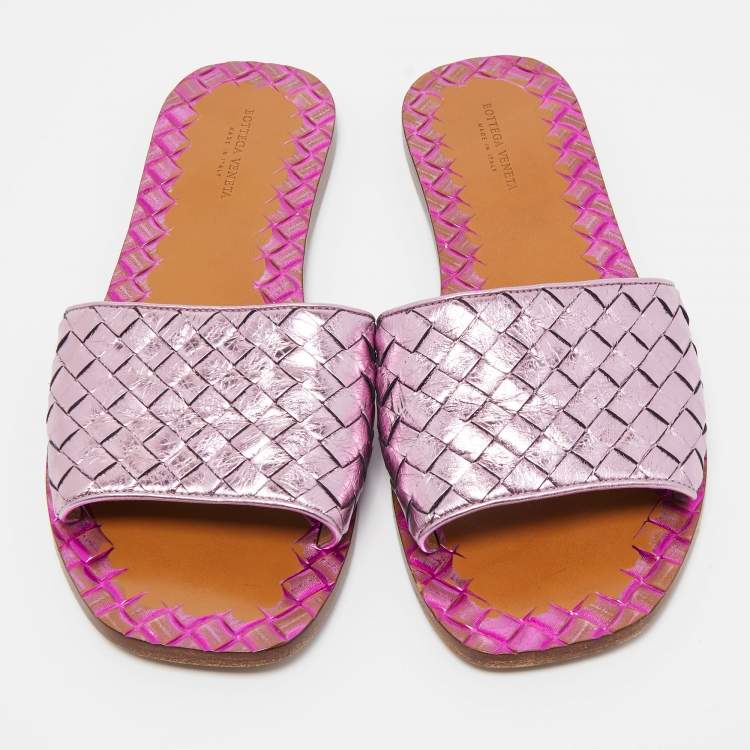 Pre Owned Bottega Vaneta Metallic Purple Intrecciato Foil Leather Ravello Flat Slides Size 38