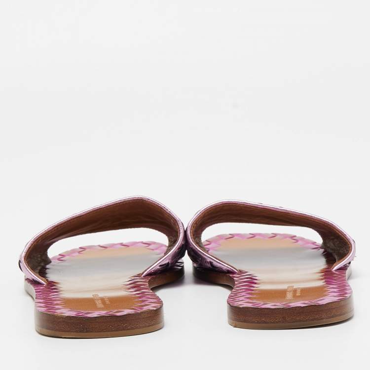 Pre Owned Bottega Vaneta Metallic Purple Intrecciato Foil Leather Ravello Flat Slides Size 38
