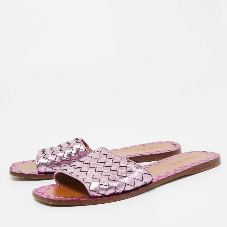 Pre Owned Bottega Vaneta Metallic Purple Intrecciato Foil Leather Ravello Flat Slides Size 38