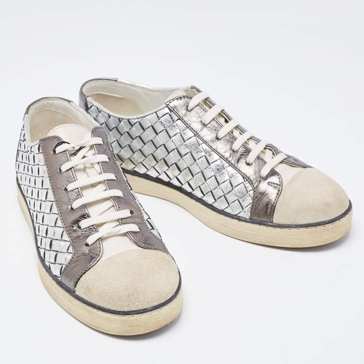 Pre Owned Bottega Veneta Tricolor Suede And Intrecciato Leather Low Top Sneakers Size 37.5