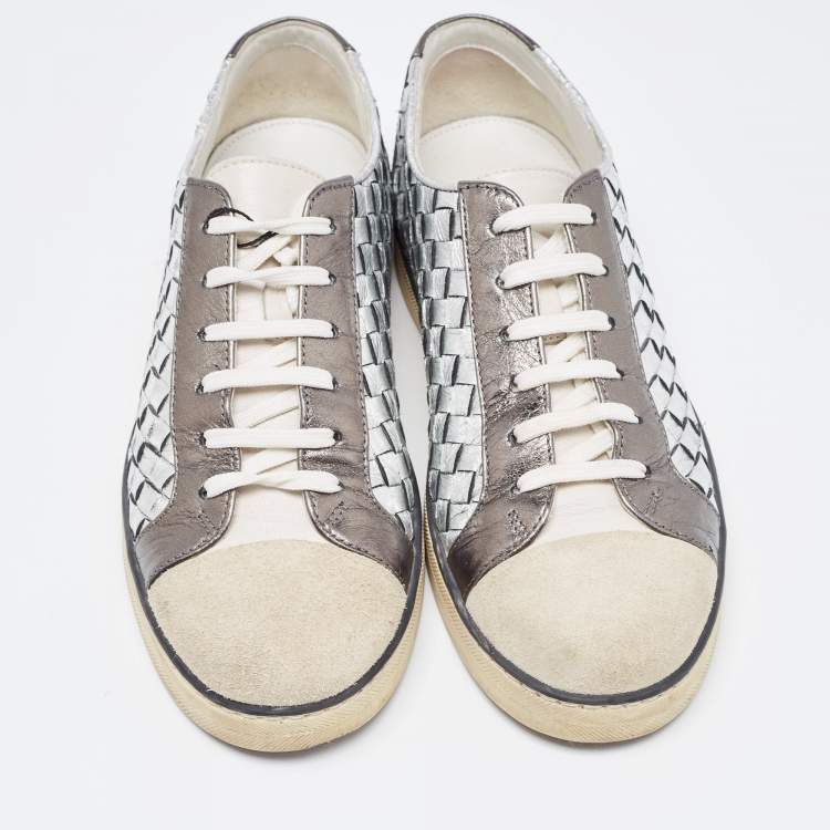 Pre Owned Bottega Veneta Tricolor Suede And Intrecciato Leather Low Top Sneakers Size 37.5