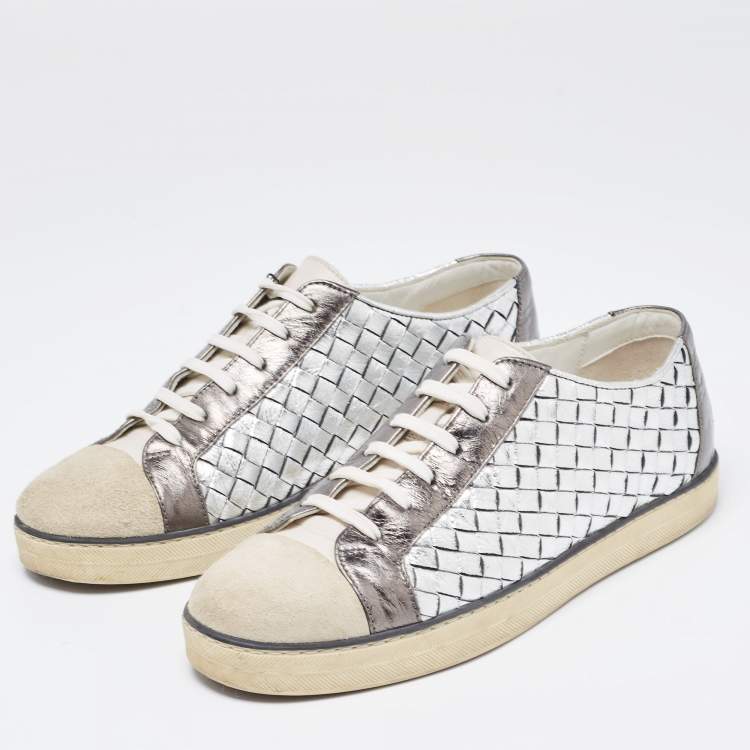 Pre Owned Bottega Veneta Tricolor Suede And Intrecciato Leather Low Top Sneakers Size 37.5