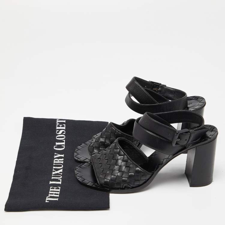 Pre Owned Bottega Veneta Black Intrecciato Leather Ankle Wrap Sandals Size 37