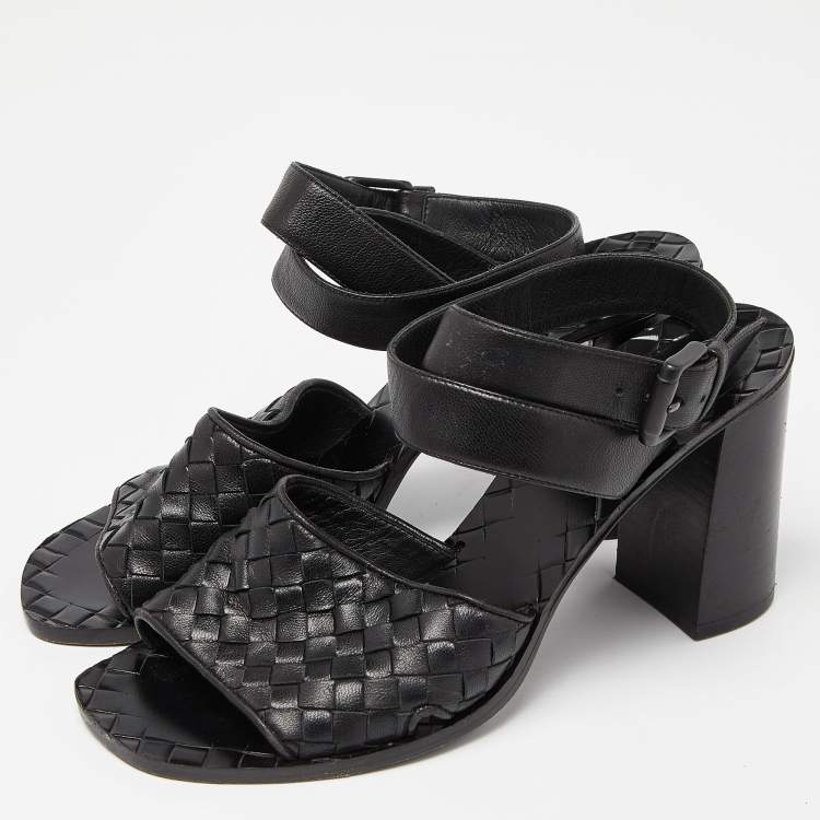 Bottega Veneta Black Intrecciato Leather Ankle Wrap Sandals Size